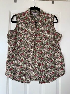 Wrangler Women's Sleeveless Floral Pearl Button-Front Top - Pink & Green Sz L